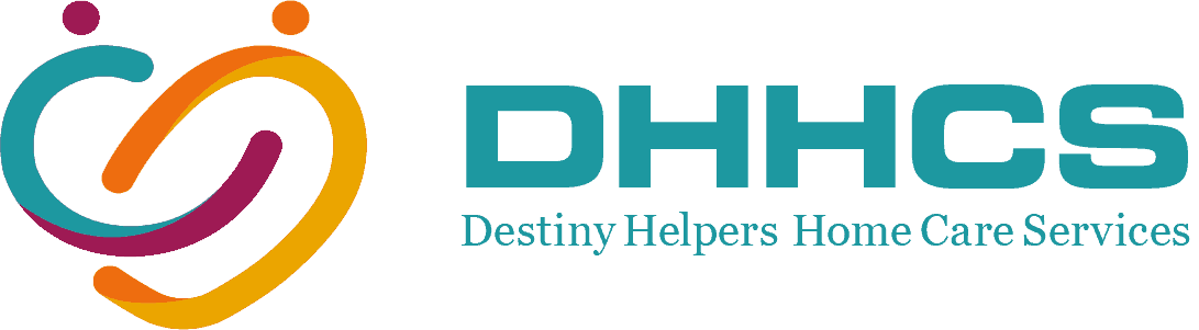 Logo of Destiny Helpers Home Care Services Inc., featuring a stylized orange and red emblem alongside the company name in grey and teal lettering.