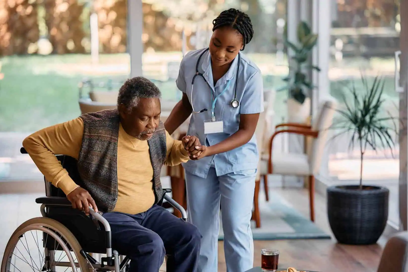 A home health care service nurse assists an elderly man in a wheelchair inside a well-lit room with large windows and plants.